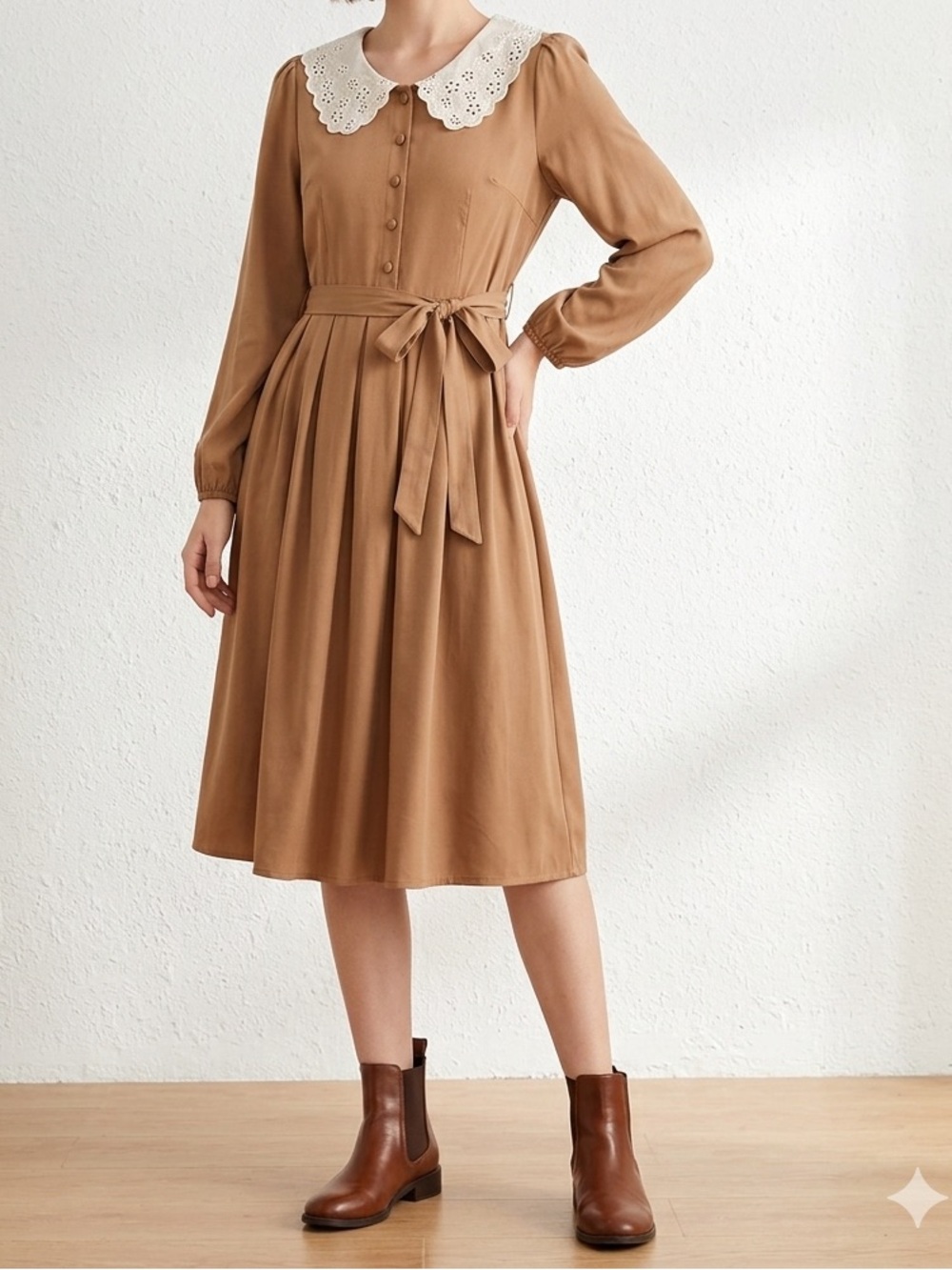 Vintage-Inspired Brown Dress with Lace Collar